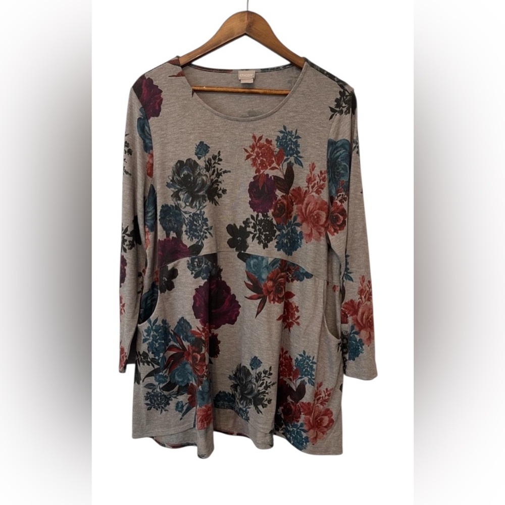 Chicos Floral Rose Pocket Tunic Top Size XL Romantic Long Sleeve XL oversized - Picture 2 of 10